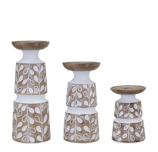 Leaf Pattern Candle Holder with Wood Design Set